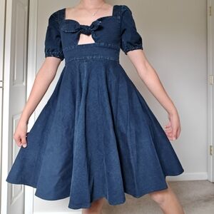 Rachel Antonoff Denim Dress Knee Length Midi Keyhole Wedding Guest Puff‎ Sleeve